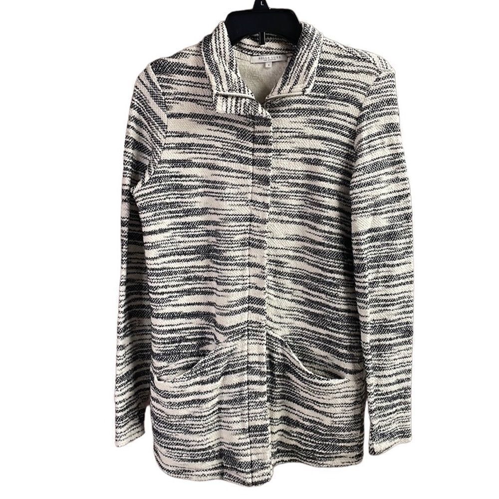 BELLA LUXX Longline Zip Tunic Jacket Size Small White Black Textured Knit Fleece